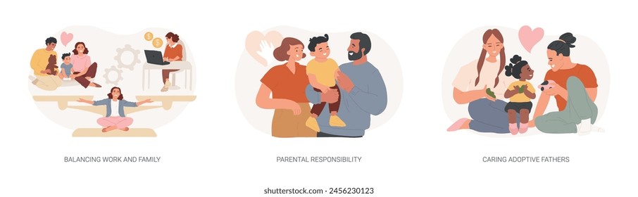 Happy family isolated concept vector illustration set. Balancing work and family, parental responsibility, caring adoptive fathers, social roles, foster care, time management vector concept.