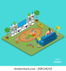 Happy family isometric flat vector concept. Dad and mom there young son and daughter are spending time together and home. Parenting, togetherness.