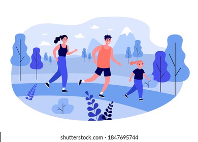 Happy family jogging outdoors. Running, kid, sport flat vector illustration. Healthy lifestyle and activity concept for banner, website design or landing web page