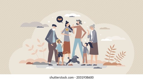 Happy family as joy moment with all relatives together tiny person concept. Grandparents, children, dog and adult couple quality time together vector illustration. Member and characters togetherness.