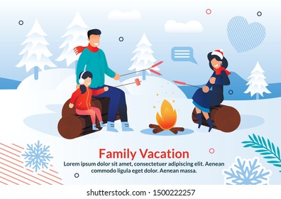 Happy Family Joyfully Camping In Winter Season Poster. Cartoon Father, Mother And Daughter Characters Sitting Around Bonfire Frying Sausages And Marshmallow In Forest. Vector Flat Illustration