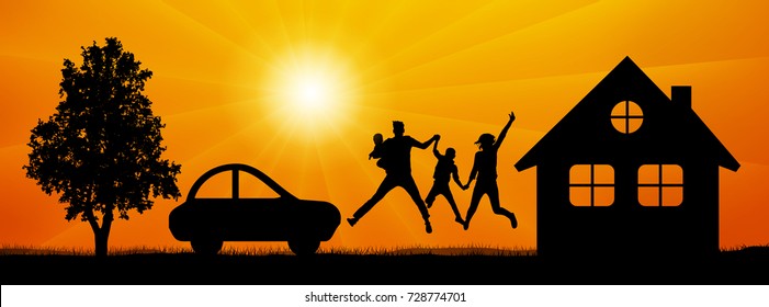 Happy family in a jump surrounded by nature near a house, car, tree. Man and woman with children at sunset vector silhouette.