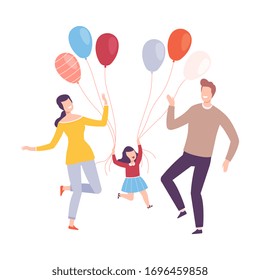 Happy Family Jumping with Colorful Balloons, Mother, Father and their Daughter Celebrating Holiday Vector Illustration