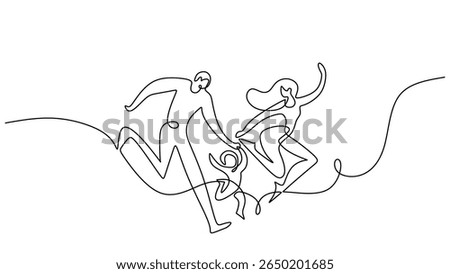 Happy family jumping in continuous one line drawing. Concept of joy and family fun with father, mother and daughter. Single handdrawn line art minimalist style.