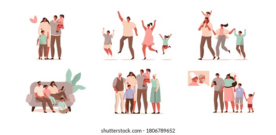 Happy Family Jumping, Dancing, Watching TV  And Having Fun. Mother Father And Kinds Meeting Grandparents And Spending Time Together.  Characters Set. Flat Cartoon Vector Illustration.