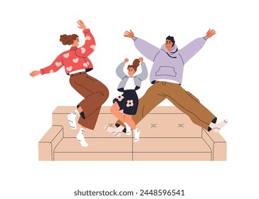 Happy family jumping. Excited joyful parents and kid celebrating together. Funny mom, dad and girl child having fun, rejoicing, exulting at home. Flat vector illustration isolated on white background