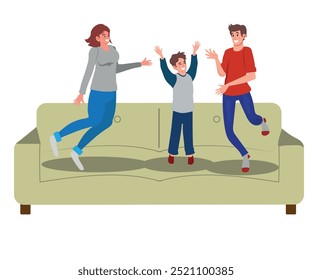 Happy family jumping. Excited joyful parents and kid celebrating together. Funny mom, dad and boy child having fun, rejoicing, exulting at home. Flat vector illustration isolated on white background.