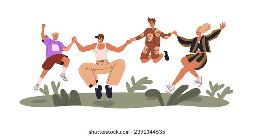 Happy family jumping. Excited parents and children celebrating together. Joyful mother, father and kids. Mom, dad and sons outdoors. Flat graphic vector illustration isolated on white background