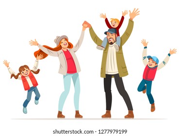 Happy family is jumping. Father mother daughter and sons holding hands together jumped. Vector illustration in cartoon style