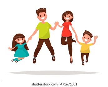 Happy family is jumping. Father mother daughter and son holding hands together jumped. Vector illustration of a flat design