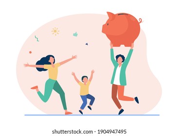 Happy family jumping with huge piggybank. Cash, parent, wealth flat vector illustration. Finance and savings concept for banner, website design or landing web page