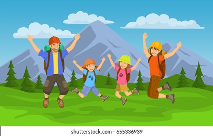 Happy family, jumping for joy to go camping, travel, hiking or trekking outdoors scene. Mountain landscape background