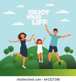 Happy family jumping on green landscape background. Father, mother and daughter. Travel, vacation, holidays and adventure vector concept illustration. Poster design style