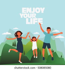 Happy family jumping on mountain landscape background. Father, mother and daughter. Travel, vacation, holidays and adventure vector concept illustration.  Poster design style