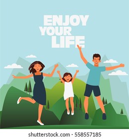 Happy family jumping on mountain landscape background. Father, mother and daughter. Travel, vacation, holidays and adventure vector concept illustration.  Poster design style