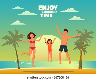 Happy family jumping on a sandy beach. Travel, vacation, holidays and adventure vector concept illustration. Beach sunset background. Poster design style. Father, mother and daughter
