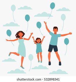 Happy family jumping on white background, between balloons and clouds. Father, mother and daughter