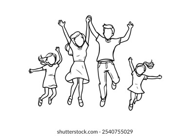 Happy Family Jumping Together Black Silhouette on White Background. Mother and Father with their Little Children. Family Vector Illustration. Linear Drawing for Trendy Design