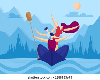 Happy family kayaking. Sport concept. Vector illustration in flat style
