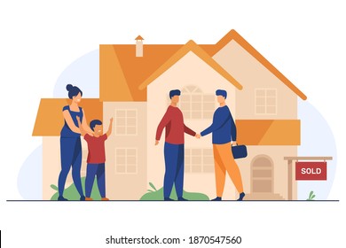 Happy family with kid buying new house. Son, home, mortgage flat vector illustration. Real estate and accommodation concept for banner, website design or landing web page