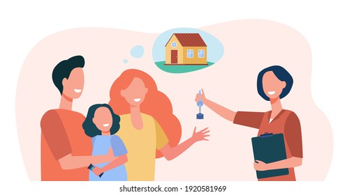 Happy Family With Kid Buying New House. Key, Home, Realtor Flat Vector Illustration. Mortgage And Real Estate Concept For Banner, Website Design Or Landing Web Page