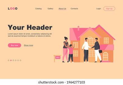 Happy family with kid buying new house. Son, home, mortgage flat vector illustration. Real estate and accommodation concept for banner, website design or landing web page