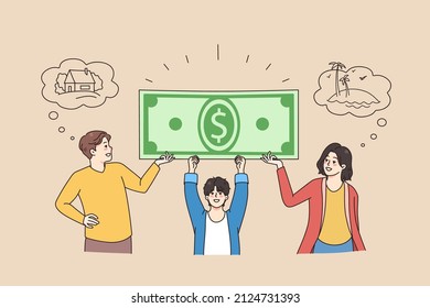 Happy family with kid carry dollar banknote saving for goal accomplishments. Smiling parents with child take bank mortgage or loan for plan realization. Financial stability. Vector illustration. 