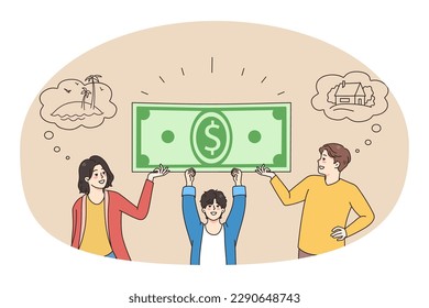 Happy family with kid carry dollar banknote saving for goal accomplishments. Smiling parents with child take bank mortgage or loan for plan realization. Financial stability. Vector illustration.