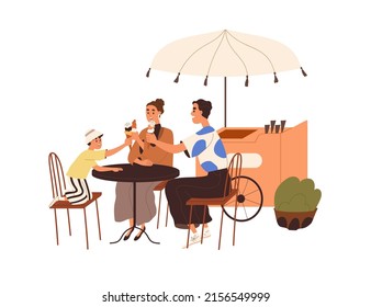 Happy Family With Kid Eating Ice-cream Outdoors. Mother, Father And Child Spending Time Together With Icecream On Summer Holidays, Weekend. Flat Vector Illustration Isolated On White Background