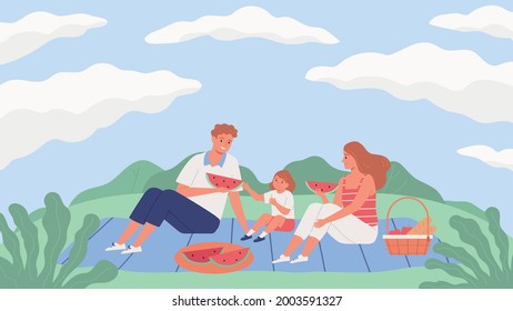 Happy family with kid eating watermelon on picnic flat vector illustration