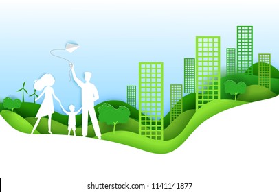 Happy family with kid green city concept. Vector illustration in paper art origami style. Paper cut craft design. Ecology poster.