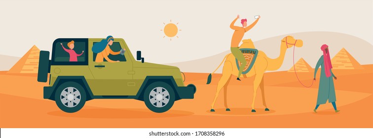 Happy Family with Kid on Excursion in Egypt Dessert. Mother and Son Driving Car Taking Photo on Camera. Father Riding Camel. Man Cattle Driver Guide Carrying Animal by Leash. Vector Illustration