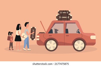 Happy family with kid packing car for vacation road trip, journey by car vector illustration. Travel concept. Family next to a car with luggage. Father, mother, daughter, dog. 