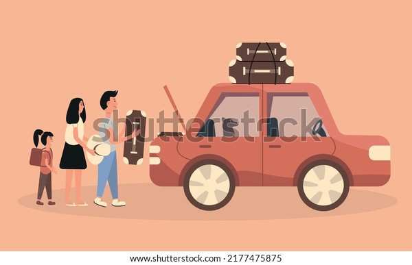 Happy family\
with kid packing car for vacation road trip, journey by car vector\
illustration. Travel concept. Family next to a car with luggage.\
Father, mother, daughter, dog.\
