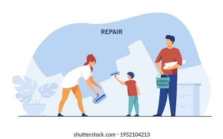 Happy family with kid painting wall at room. Interior, child, together flat vector illustration. Repair and renovation concept for banner, website design or landing web page