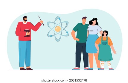 Happy family with kid and private teacher standing together. Man teaching science with pointer flat vector illustration. Homeschool, education concept for banner, website design or landing web page