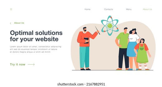Happy family with kid and private teacher standing together. Man teaching science with pointer flat vector illustration. Homeschool, education concept for banner, website design or landing web page