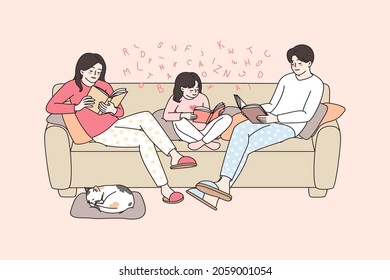 Happy family with kid relax on sofa at home read books together on weekend evening. Smiling parents and child rest on couch enjoy literature. Education, knowledge concept. Flat vector illustration. 