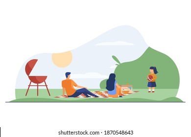 Happy family with kid relaxing on nature. Picnic, girl, BBQ flat vector illustration. Summer activity and weekend concept for banner, website design or landing web page