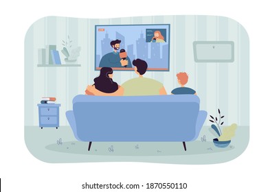 Happy family with kid sitting on sofa and watching news isolated flat vector illustration. Back view of cartoon people on coach in living room. TV show and entertainment concept