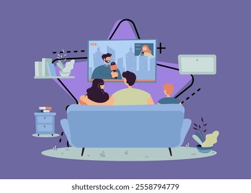 Happy family with kid sitting on sofa and watching news isolated flat vector illustration. Back view of cartoon people on coach in living room. TV show and entertainment concept