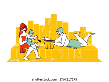Happy Family with Kid Spend Time in Sauna Relaxing and Applying Hygiene Procedures. Mother, Father and Little Baby Characters Sit on Shelf with Scoop and Wood Basin. Linear People Vector Illustration