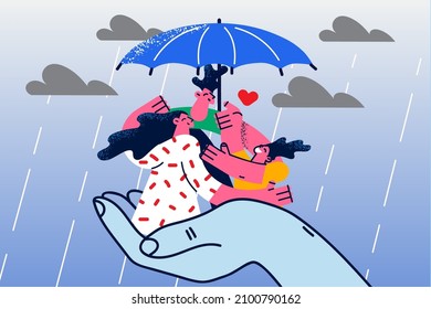 Happy Family With Kid Stand On Hand Under Umbrella Feel Protected And Secure. Smiling Parents With Child Life And Health Insurance Benefits. Stability And Safety. Flat Vector Illustration. 