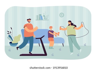 Happy family with kid training at home flat vector illustration. Cartoon mother, father and son doing exercises together in living room. Home workout and sport activity concept