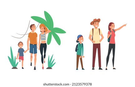 Happy Family with Kid Travelling on Vacation Enjoying Summer and Sightseeing Vector Set