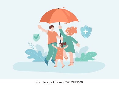 Happy family with kid under umbrella flat vector illustration. Family protection, life insurance, healthcare, agreement concept for banner, website design or landing web page