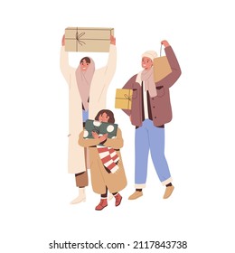 Happy family with kid walk with gifts after winter shopping. Mother, father and child going, carrying present boxed, bags for Christmas holiday. Flat vector illustration isolated on white background
