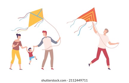 Fröhliche Familie mit Kid Walking Flying Kite Vector Set