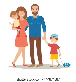 Happy family with kids. Cartoon characters family: mother, father and brothers. Fun couple with children. Flat style vector illustration isolated on white background