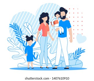 Happy Family with Kids Cartoon Flat Illustration. Vector Father Carrying Small Daughter with Gift in Hand. Mother with Elder Kid Greeting Girl. Love, Care and Health Relationship. Parents and Children